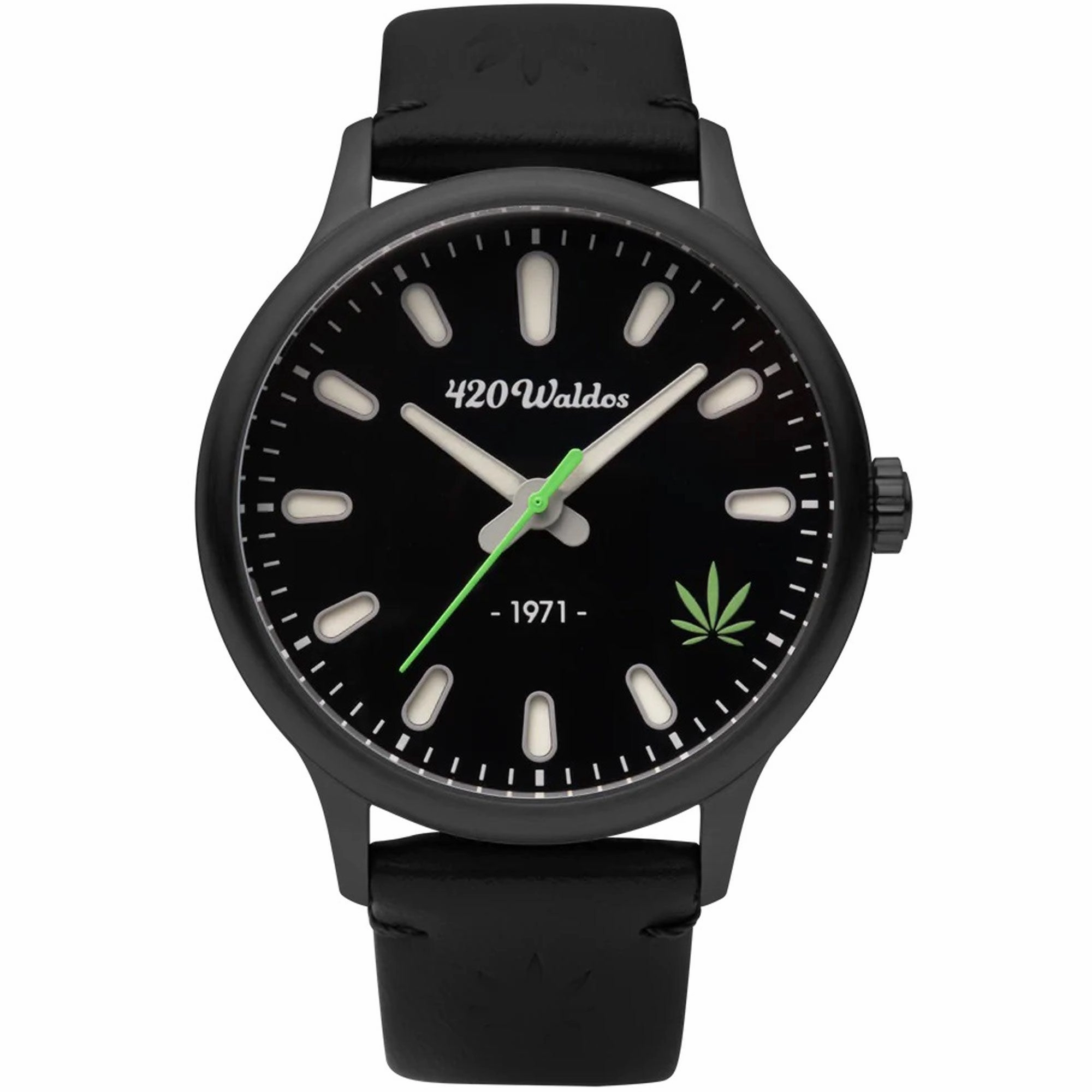 420Waldos Men's Watch - Bud Stainless Steel Case Black Genuine Leather Strap | W1003