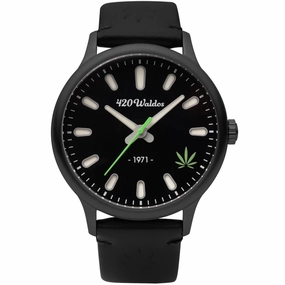 420Waldos Men's Watch - Bud Stainless Steel Case Black Genuine Leather Strap | W1003