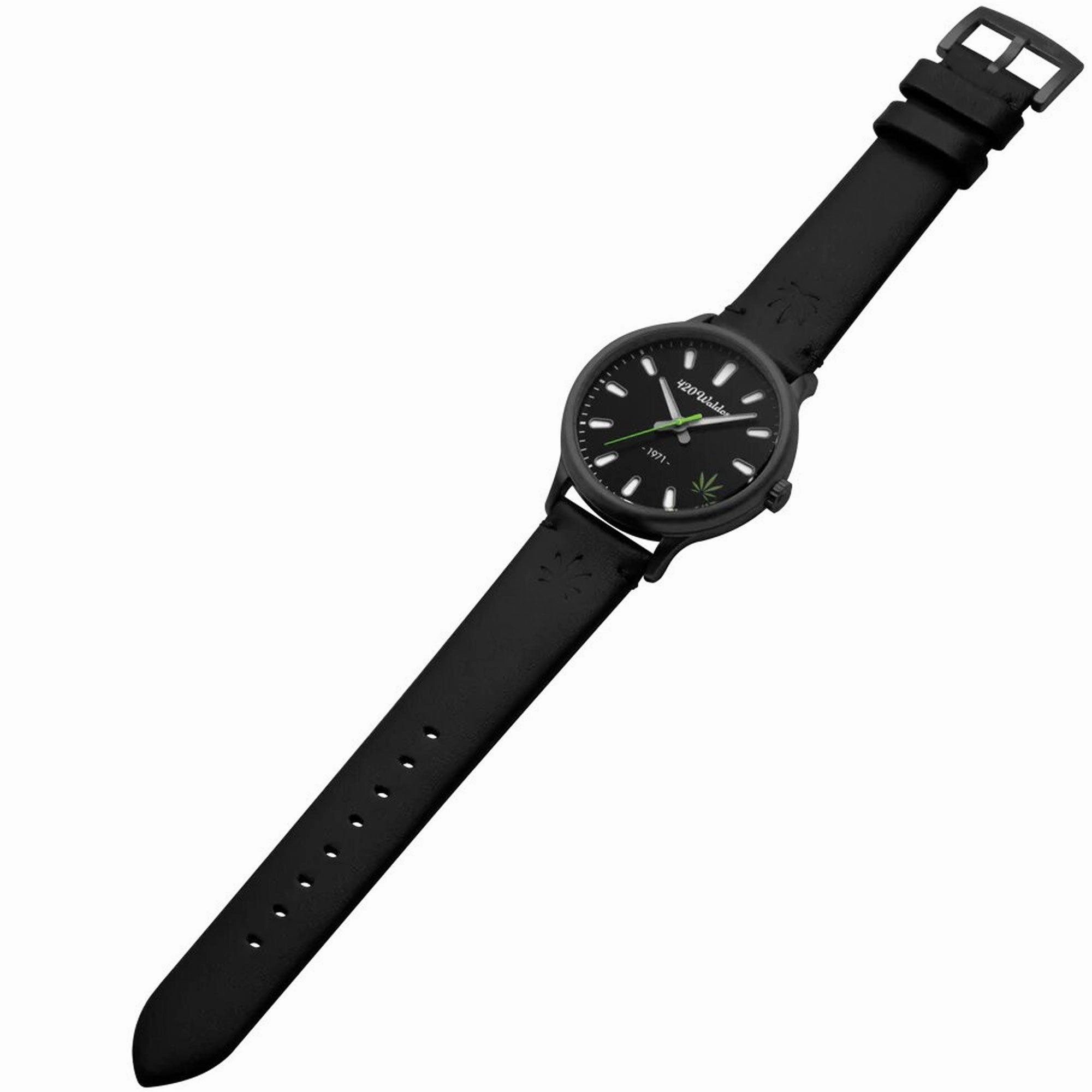 420Waldos Men's Watch - Bud Stainless Steel Case Black Genuine Leather Strap | W1003