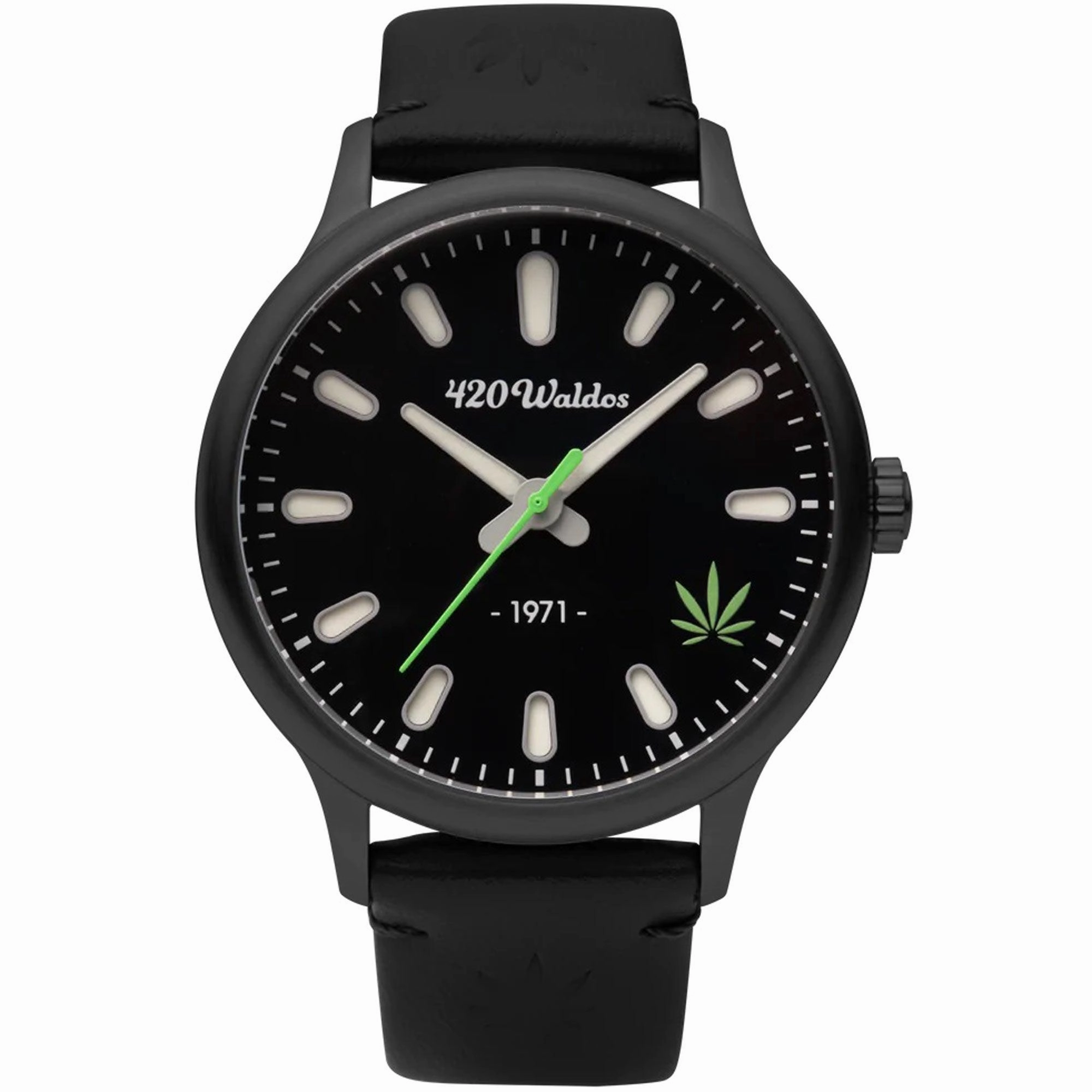 420Waldos Men's Watch - Bud Stainless Steel Case Black Genuine Leather Strap | W1003