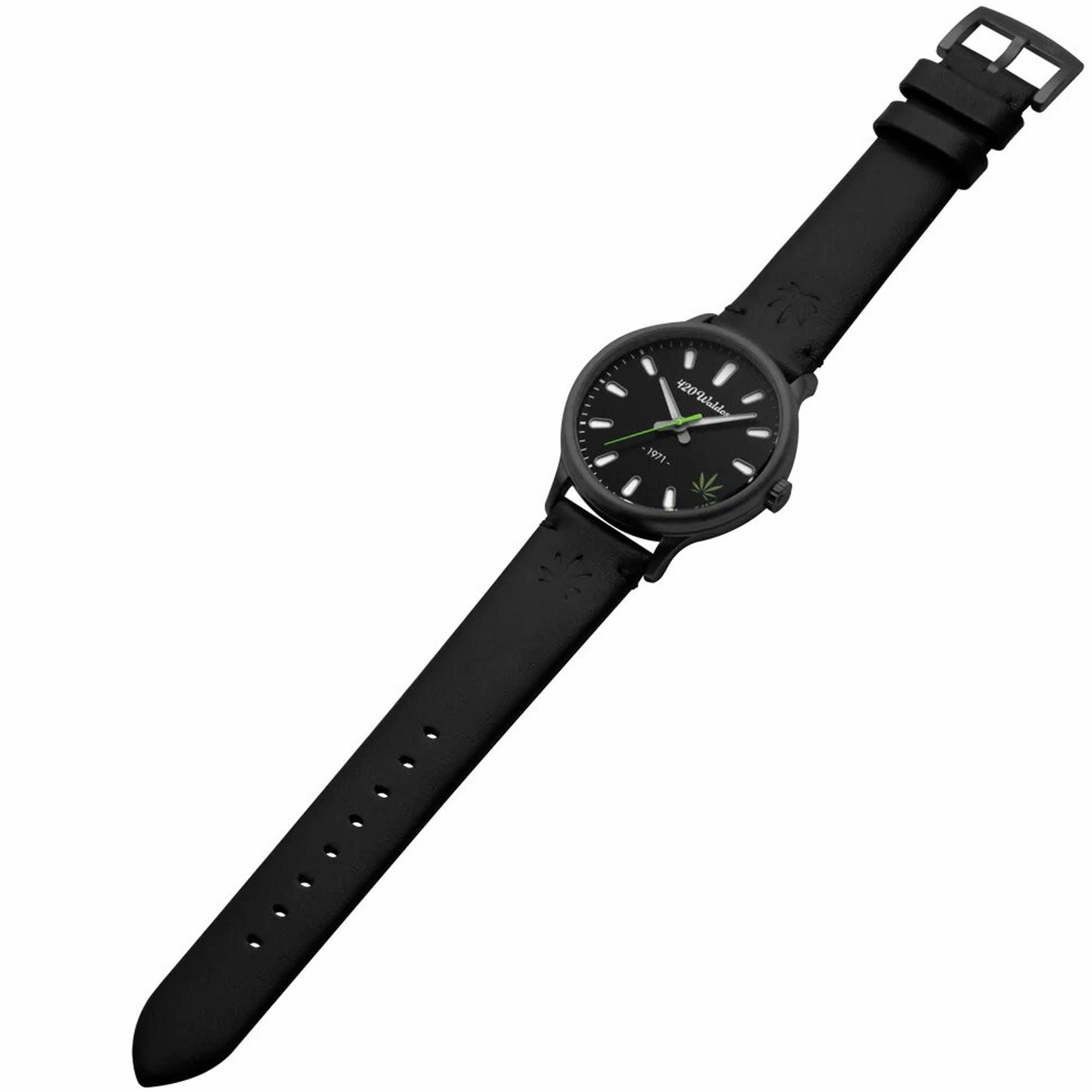420Waldos Men's Watch - Bud Stainless Steel Case Black Genuine Leather Strap | W1003
