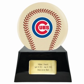 Baseball Cremation Urn with Optional Ivory Chicago Cubs Ball Decor and Custom Metal Plaque