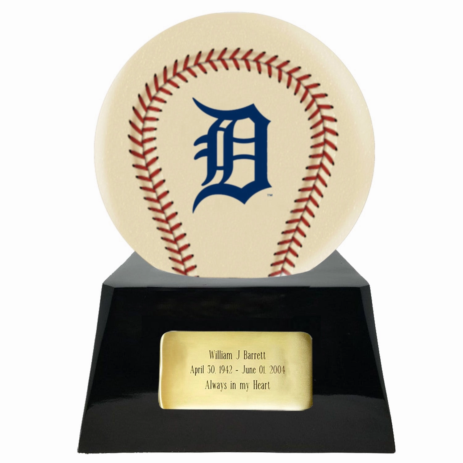 Baseball Cremation Urn with Optional Ivory Detroit Tigers Ball Decor and Custom Metal Plaque
