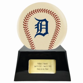 Baseball Cremation Urn with Optional Ivory Detroit Tigers Ball Decor and Custom Metal Plaque