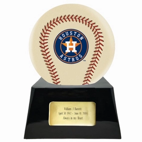 Baseball Cremation Urn with Optional Ivory Houston Astros Ball Decor and Custom Metal Plaque