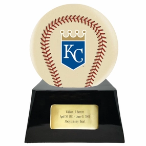 Baseball Cremation Urn with Optional Ivory Kansas City Royals Ball Decor and Custom Metal Plaque