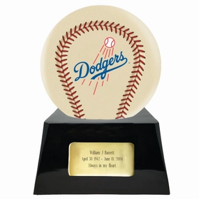 Baseball Cremation Urn with Optional Ivory Los Angeles Dodgers Ball Decor and Custom Metal Plaque