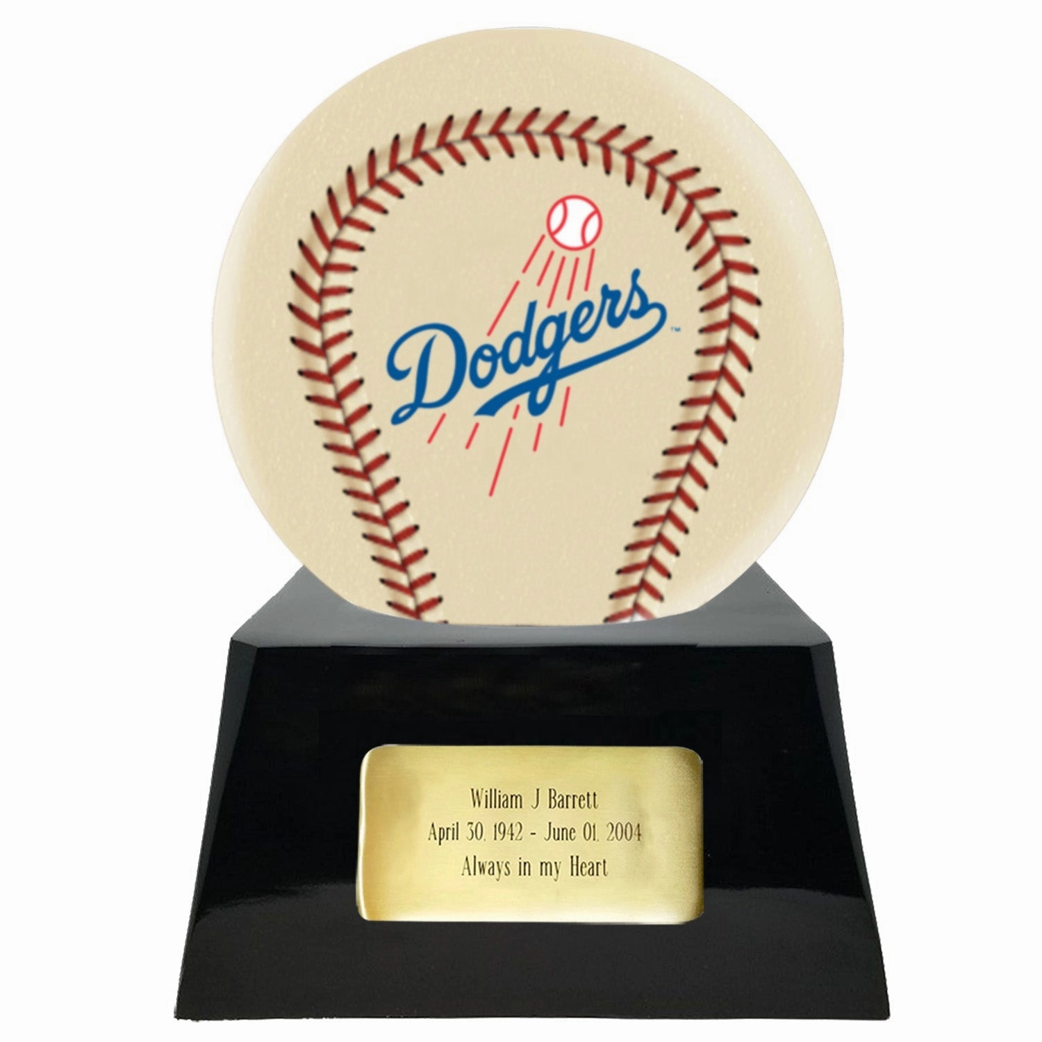 Baseball Cremation Urn with Optional Ivory Los Angeles Dodgers Ball Decor and Custom Metal Plaque
