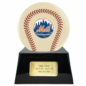 Baseball Cremation Urn with Optional Ivory New York Mets Ball Decor and Custom Metal Plaque