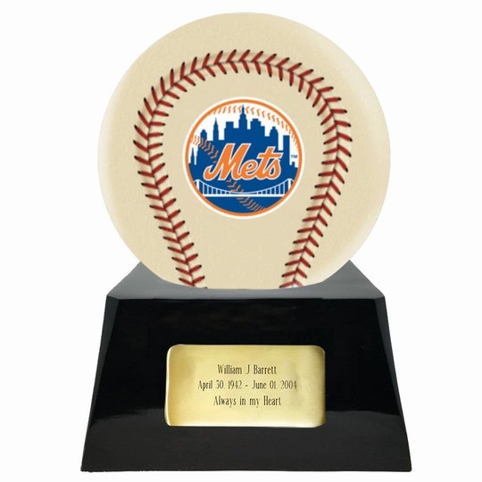 Baseball Cremation Urn with Optional Ivory New York Mets Ball Decor and Custom Metal Plaque