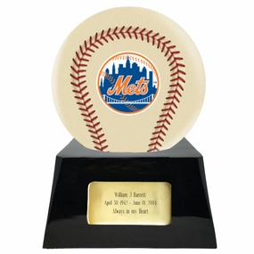 Baseball Cremation Urn with Optional Ivory New York Mets Ball Decor and Custom Metal Plaque