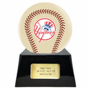 Baseball Cremation Urn with Optional Ivory New York Yankees Ball Decor and Custom Metal Plaque