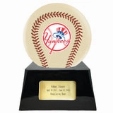 Baseball Cremation Urn with Optional Ivory New York Yankees Ball Decor and Custom Metal Plaque