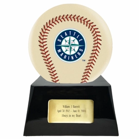 Baseball Cremation Urn with Optional Ivory Seattle Mariners Ball Decor and Custom Metal Plaque