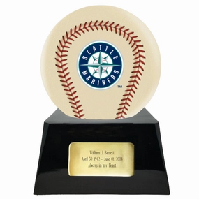Baseball Cremation Urn with Optional Ivory Seattle Mariners Ball Decor and Custom Metal Plaque