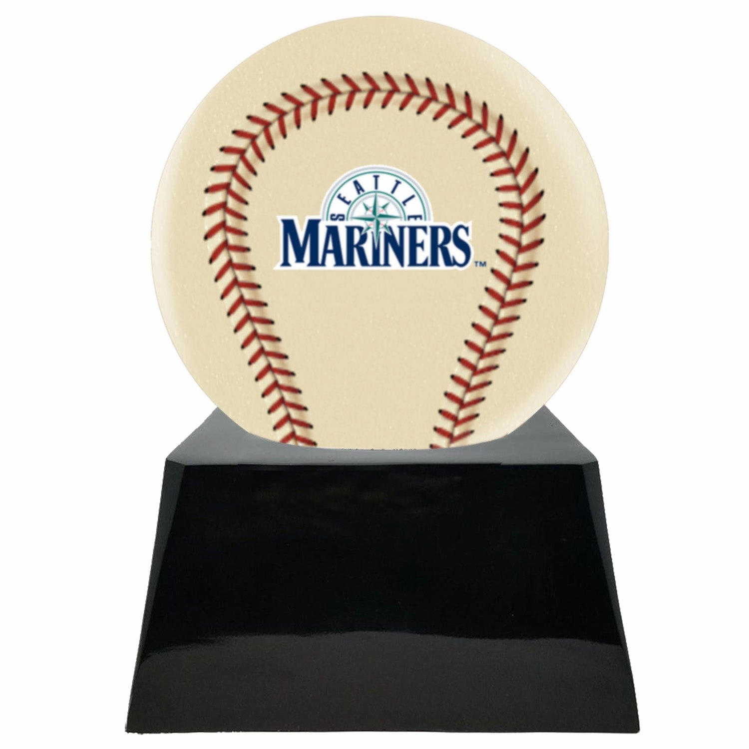 Baseball Cremation Urn with Optional Ivory Seattle Mariners Ball Decor and Custom Metal Plaque