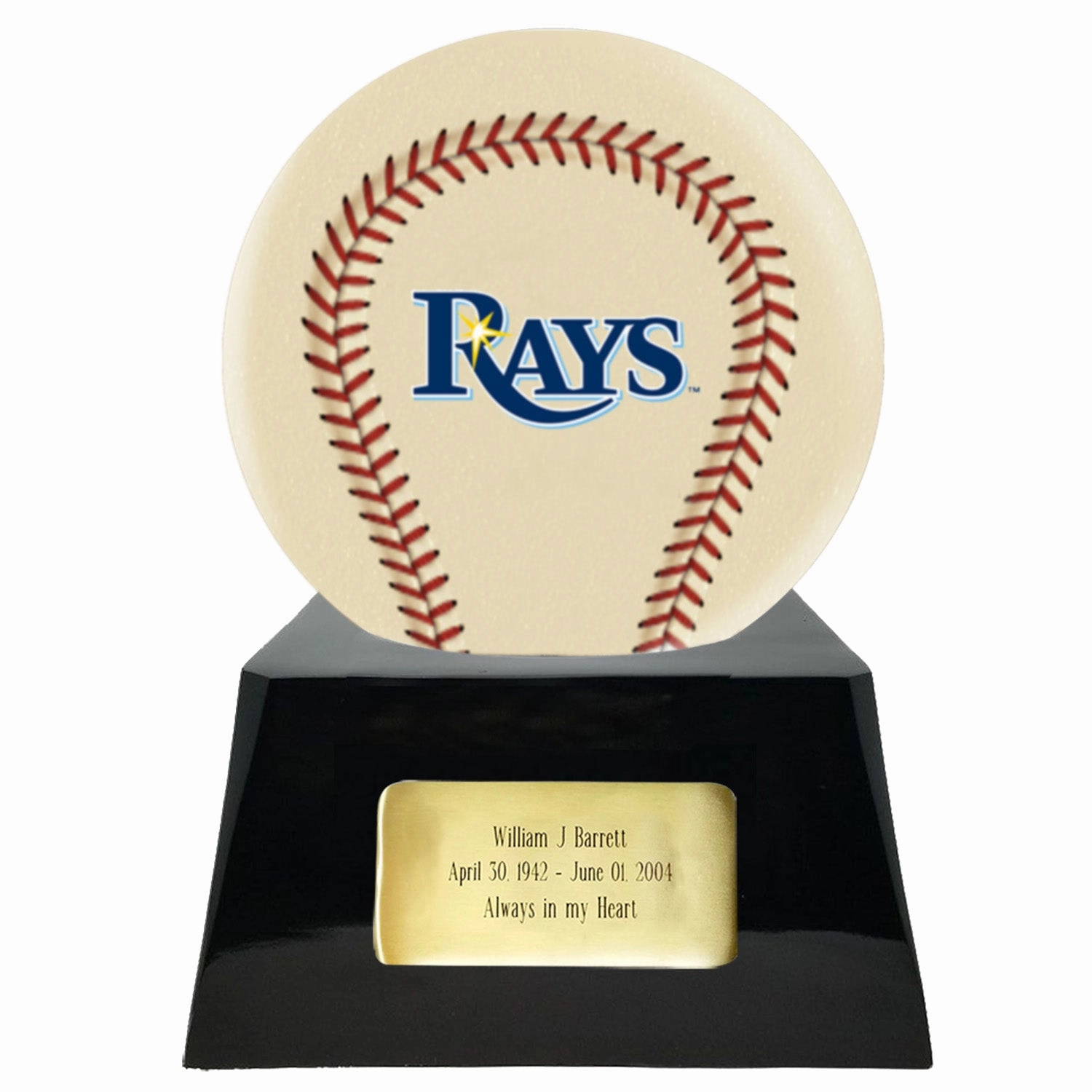 Baseball Cremation Urn with Optional Ivory Tampa Bay Rays Ball Decor and Custom Metal Plaque