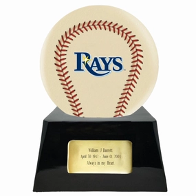 Baseball Cremation Urn with Optional Ivory Tampa Bay Rays Ball Decor and Custom Metal Plaque