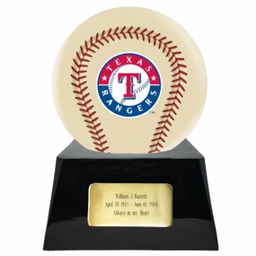 Baseball Cremation Urn with Optional Ivory Texas Rangers Ball Decor and Custom Metal Plaque