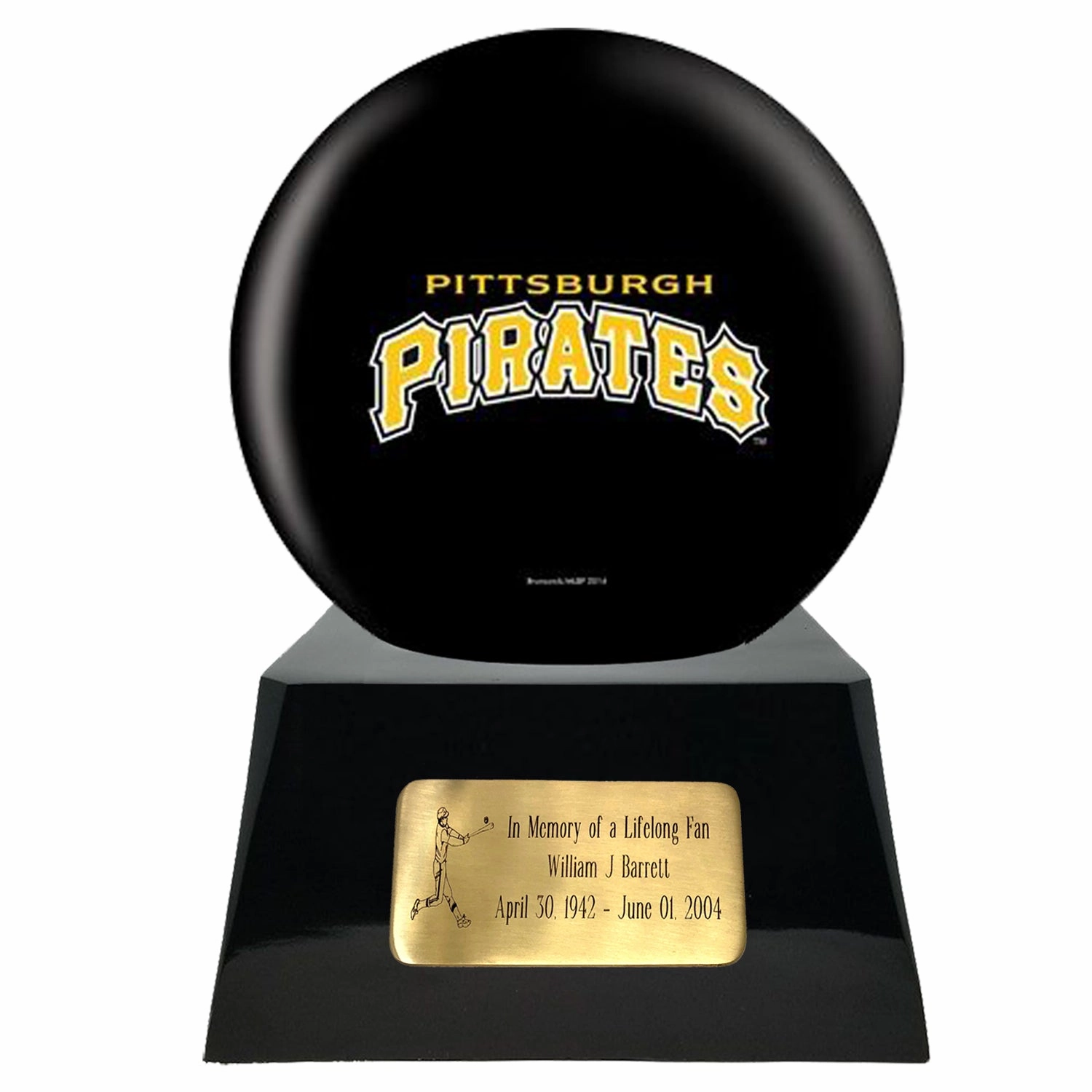 Baseball Cremation Urn with Optional Pittsburgh Pirates Ball Decor and Custom Metal Plaque