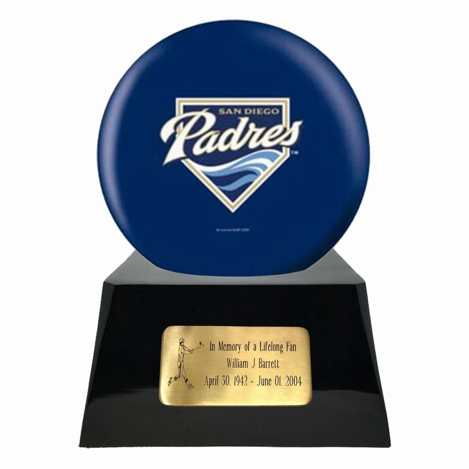 Baseball Cremation Urn with Optional San Diego Padres Ball Decor and Custom Metal Plaque