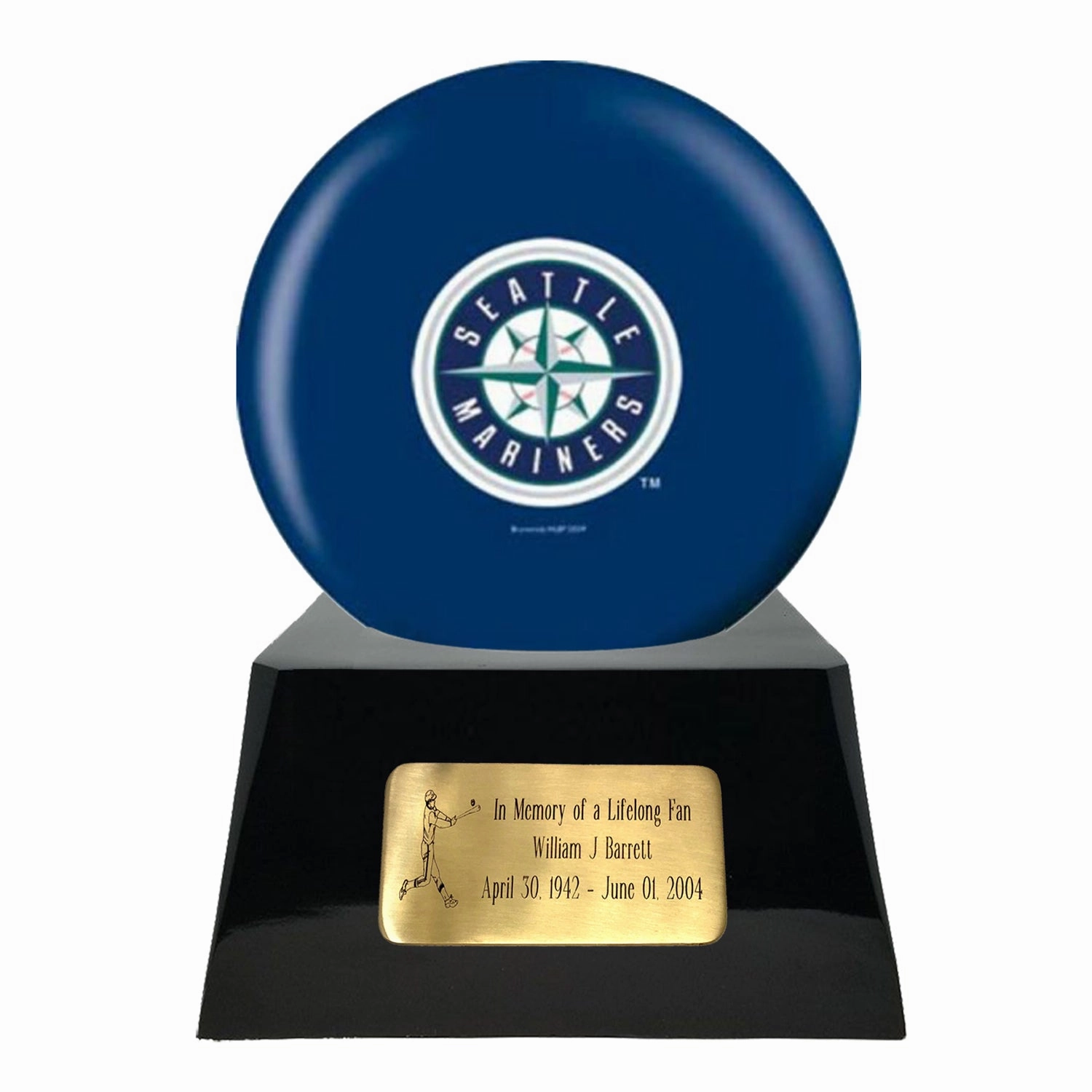 Baseball Cremation Urn with Optional Seattle Mariners Ball Decor and Custom Metal Plaque
