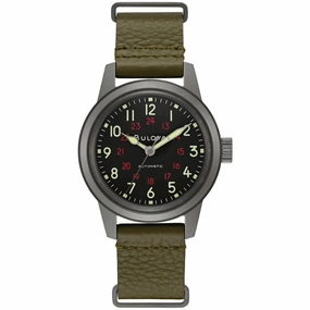 Bulova Men's Automatic Watch - Hack Black Dial Green Leather Strap | 98A255