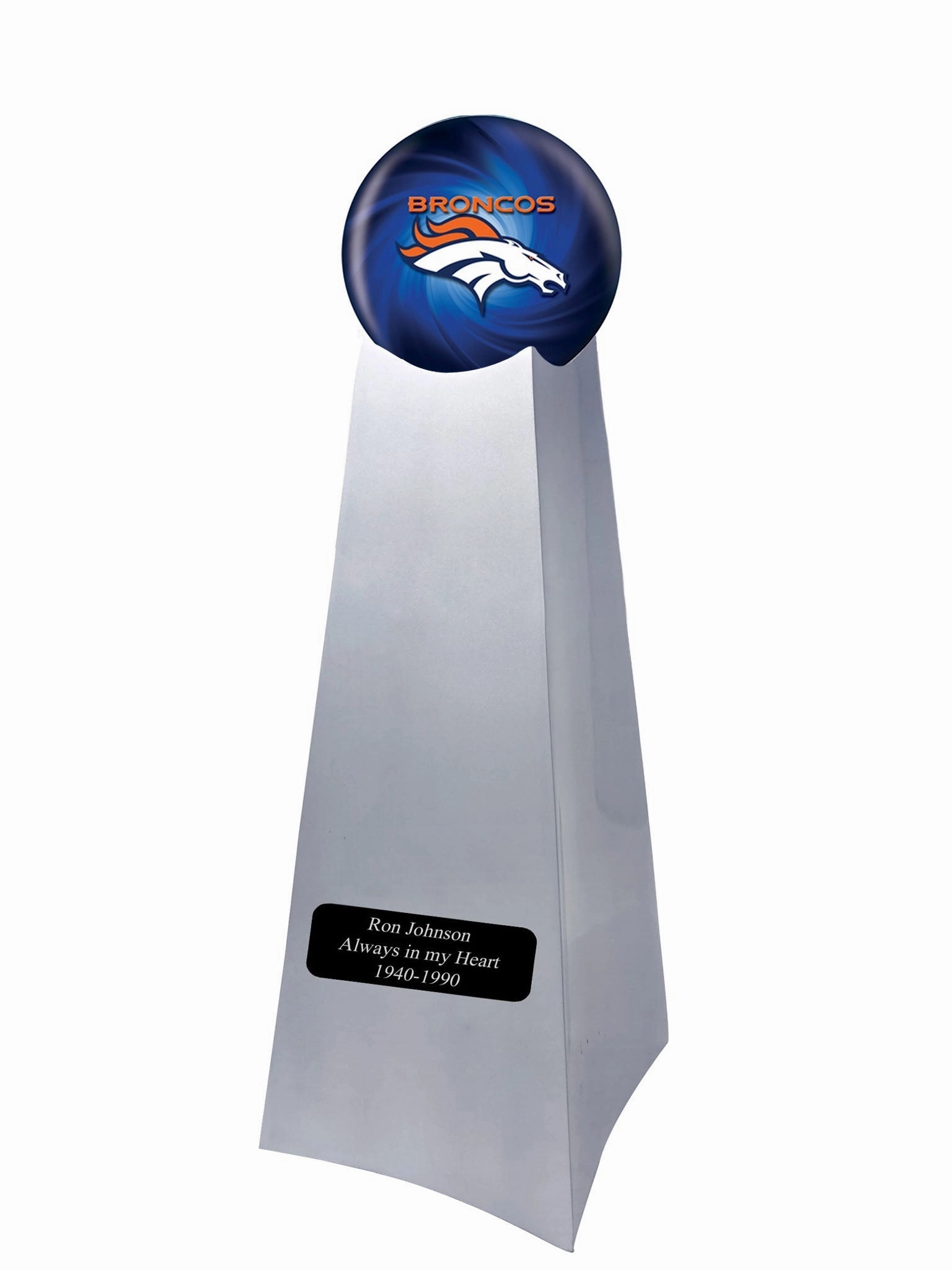 Championship Trophy Cremation Urn with Optional Football and Denver Broncos Ball Decor and Custom Metal Plaque