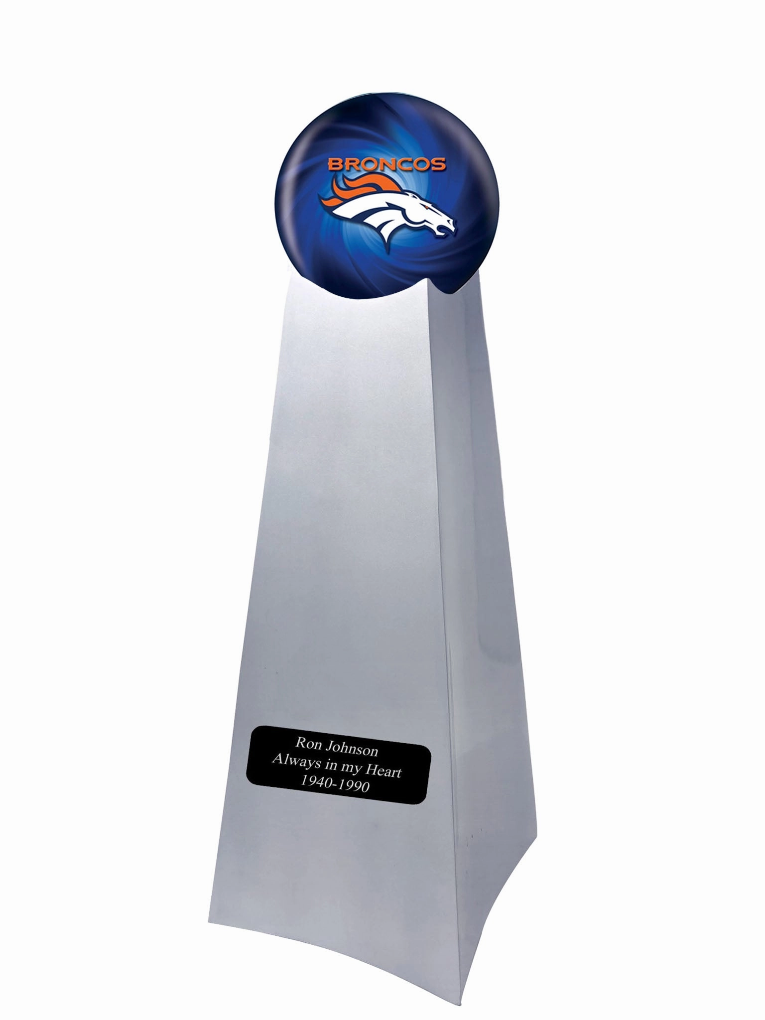 Championship Trophy Cremation Urn with Optional Football and Denver Broncos Ball Decor and Custom Metal Plaque