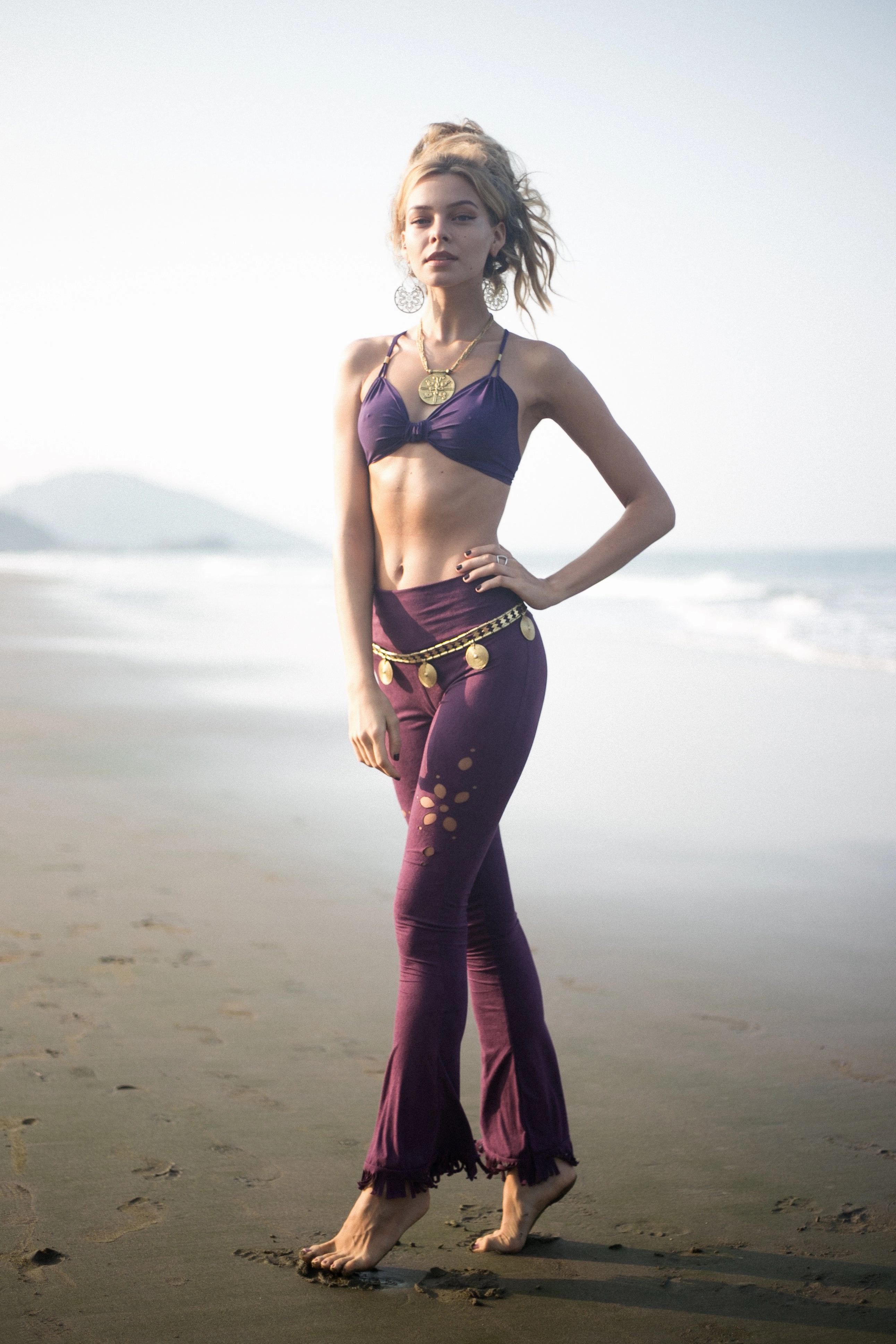 Clearance - Flare Fringe Pants For Women In Suede Purple with Floral Cutouts