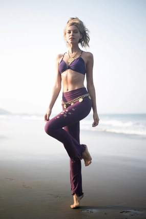 Clearance - Flare Fringe Pants For Women In Suede Purple with Floral Cutouts