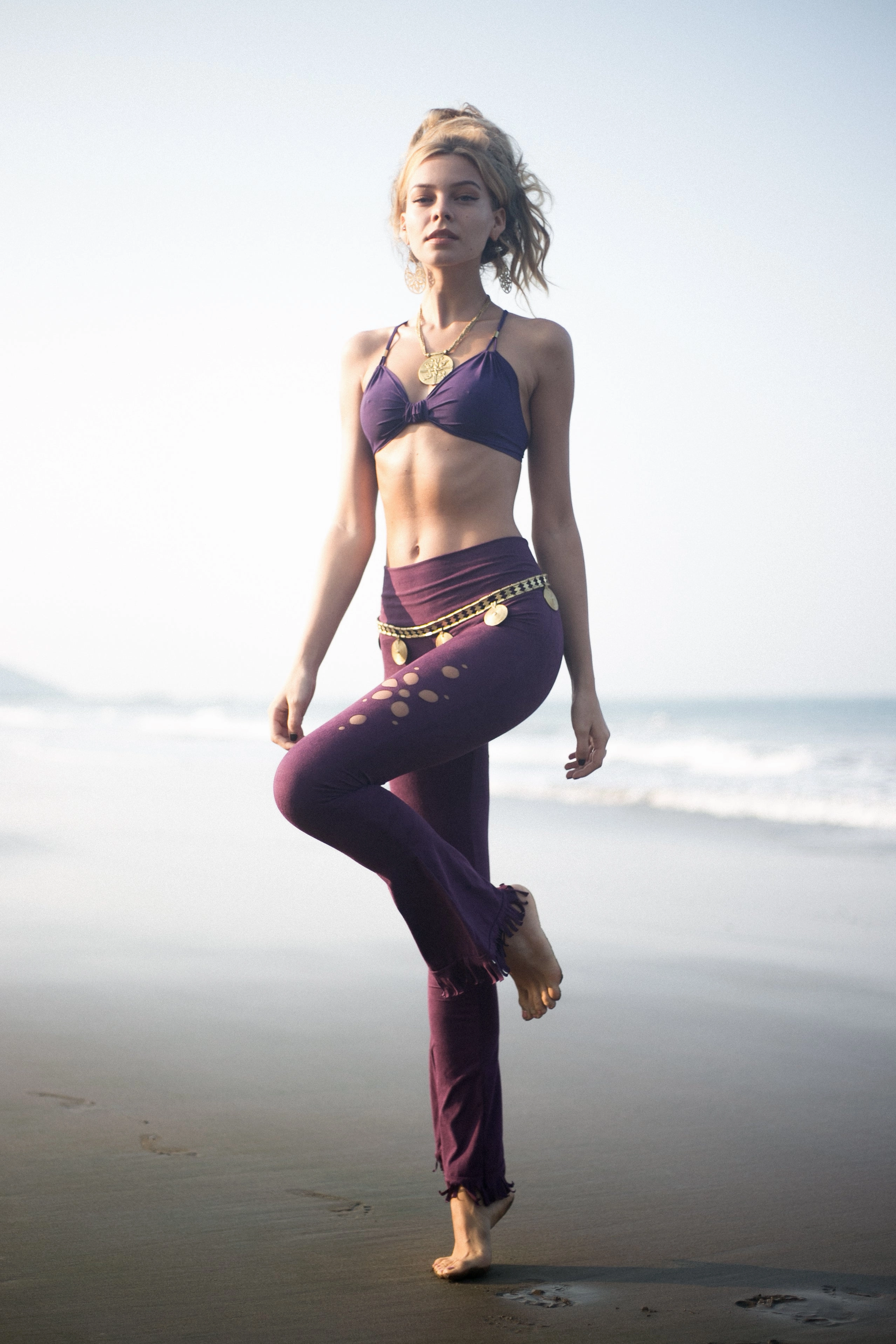 Clearance - Flare Fringe Pants For Women In Suede Purple with Floral Cutouts