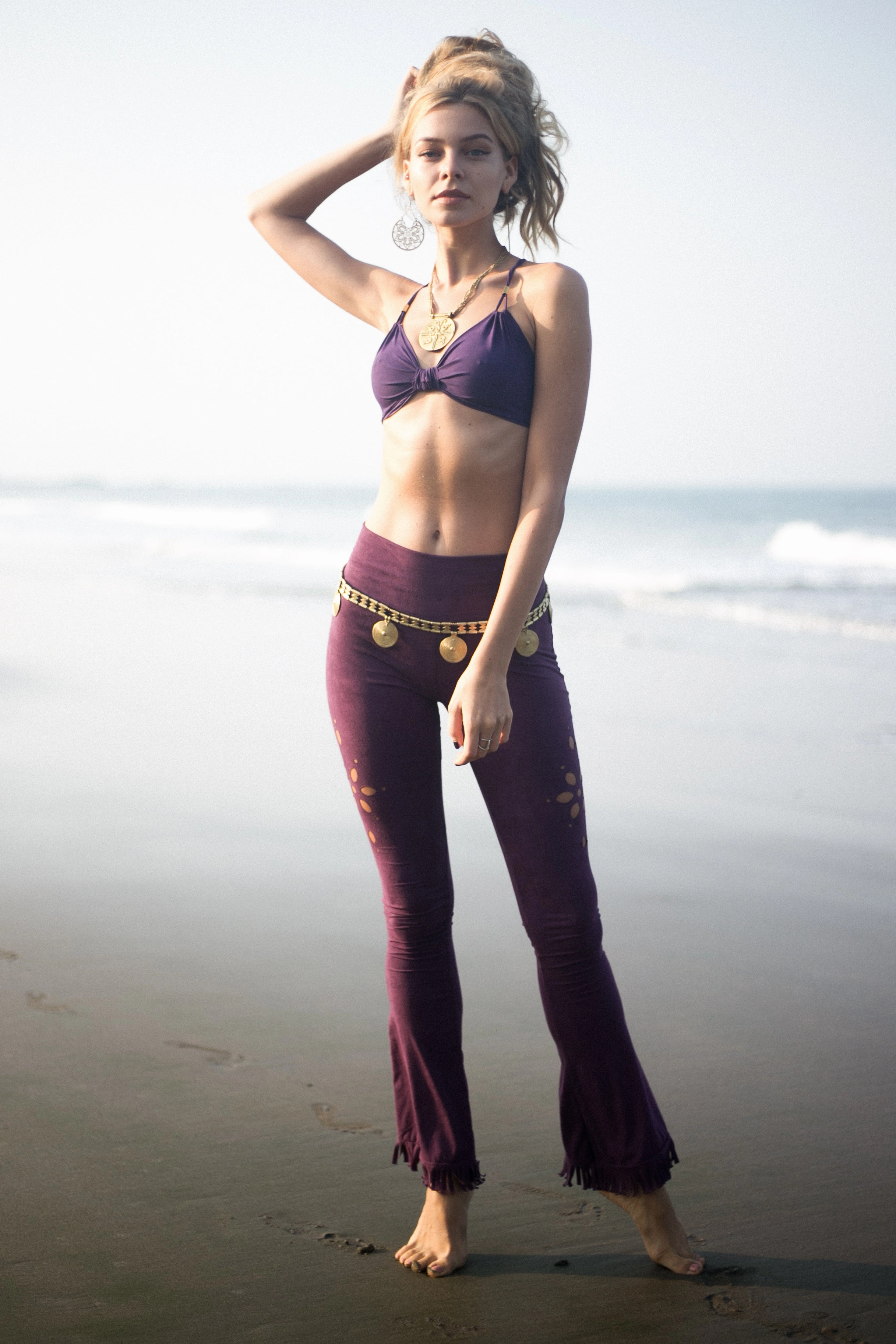 Clearance - Flare Fringe Pants For Women In Suede Purple with Floral Cutouts