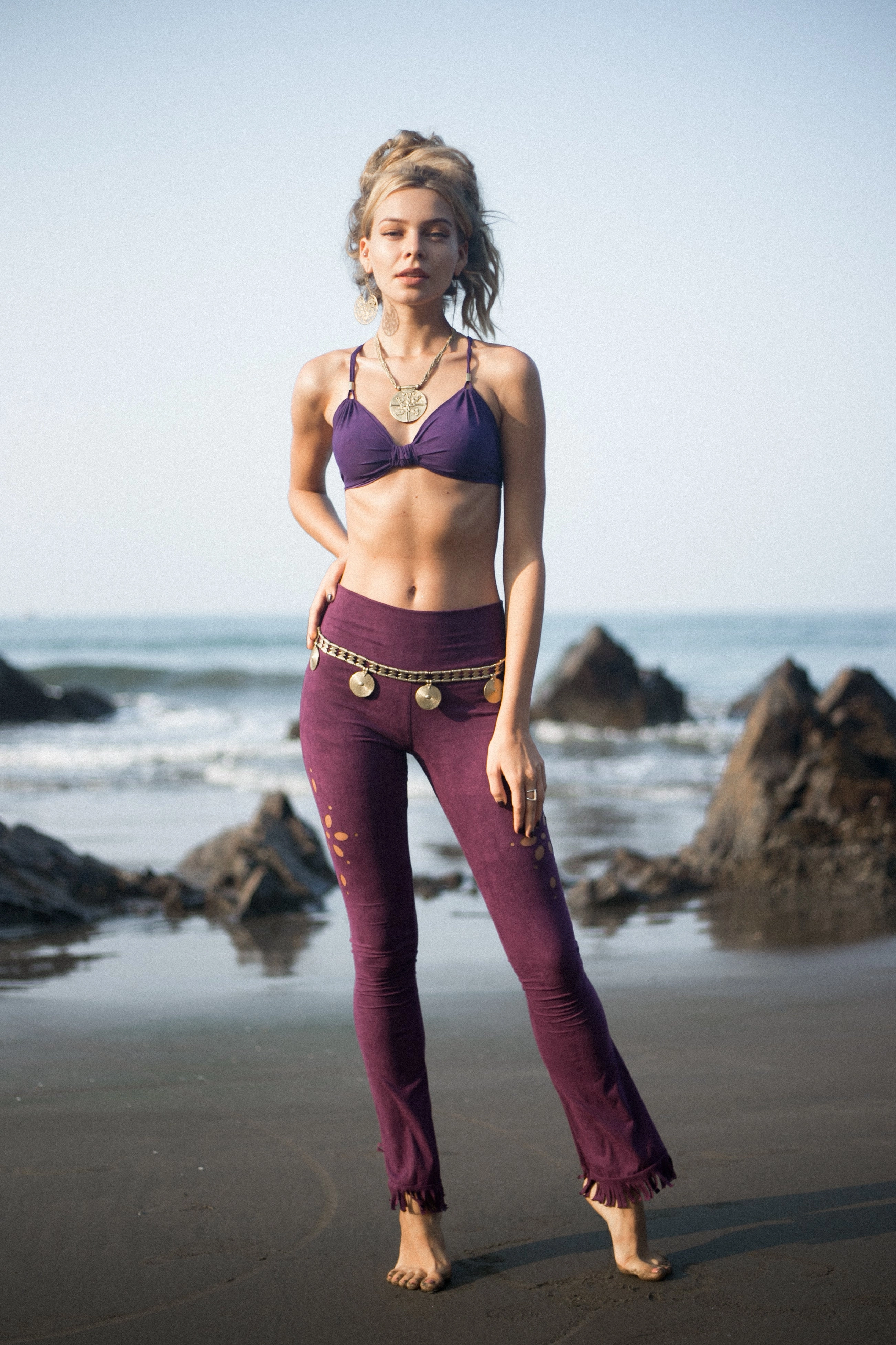 Clearance - Flare Fringe Pants For Women In Suede Purple with Floral Cutouts