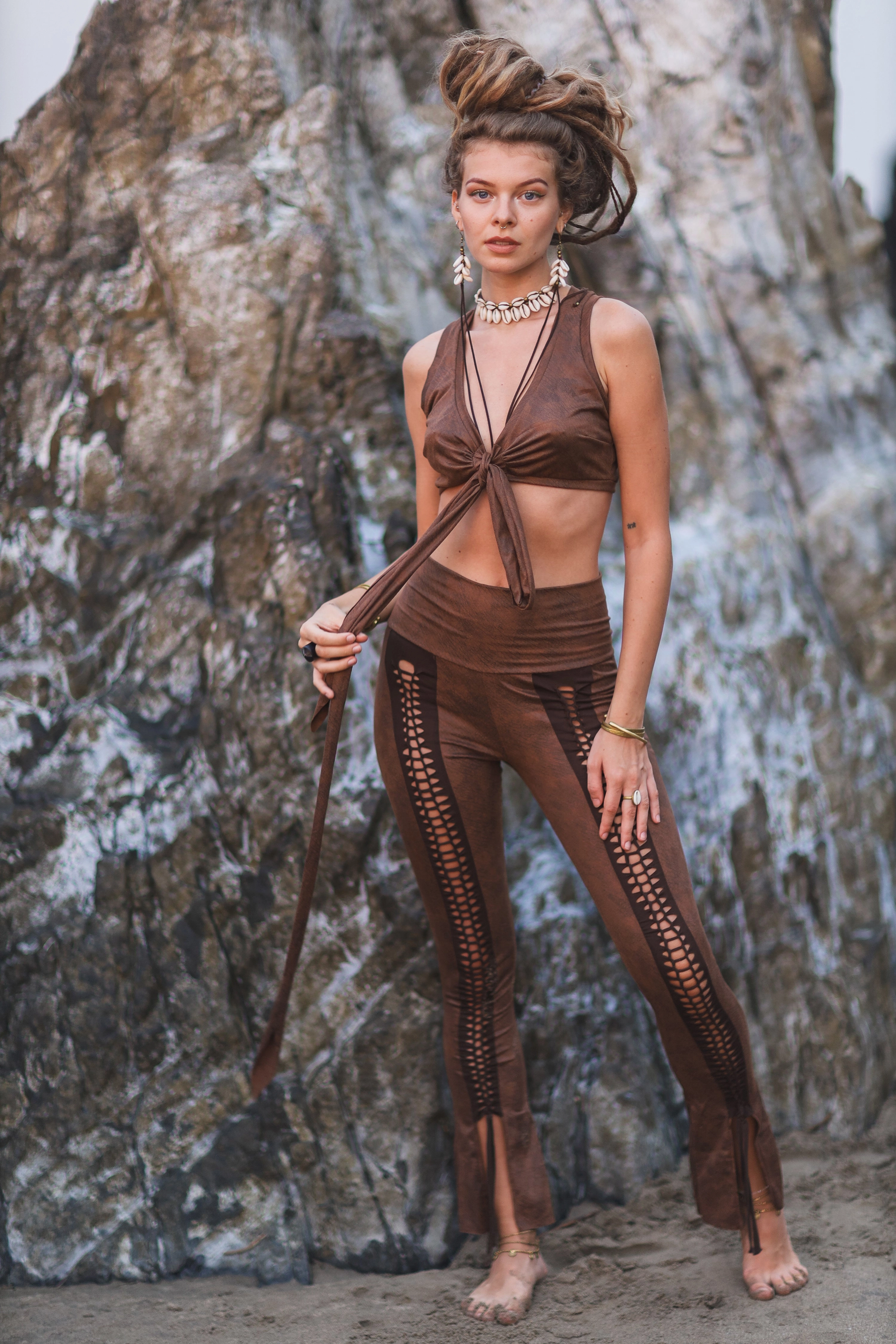 Clearance - Front Slit Leggings For Women In Suede Printed Brown