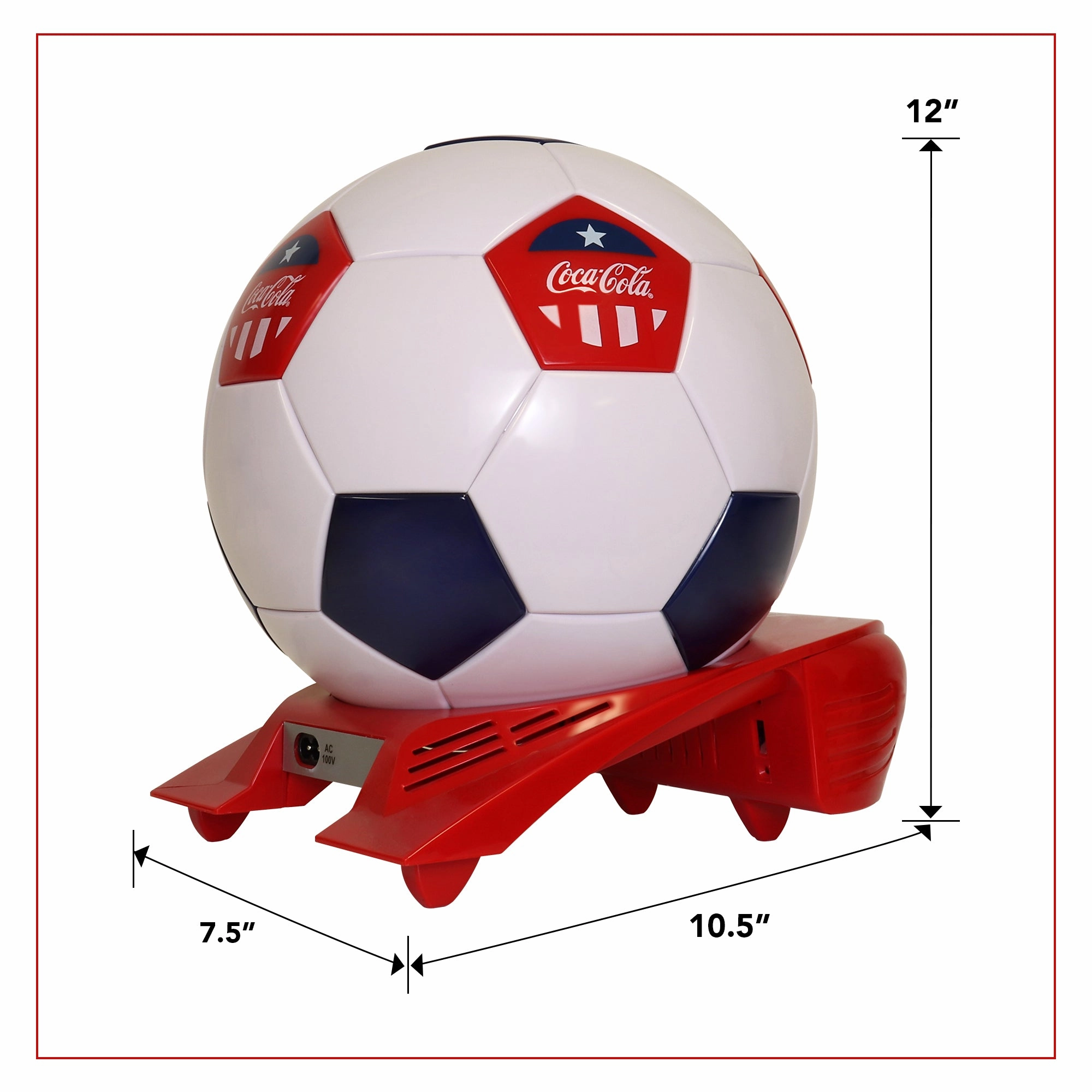 Coca-Cola Soccer Ball Mini Fridge, 5 Can Beverage Cooler with Hidden Opening, White Red Black, Unique Accessory for Den, Games Room, Man-Cave, Dorm, Perfect Gift for Dad, Sports Fans, Students