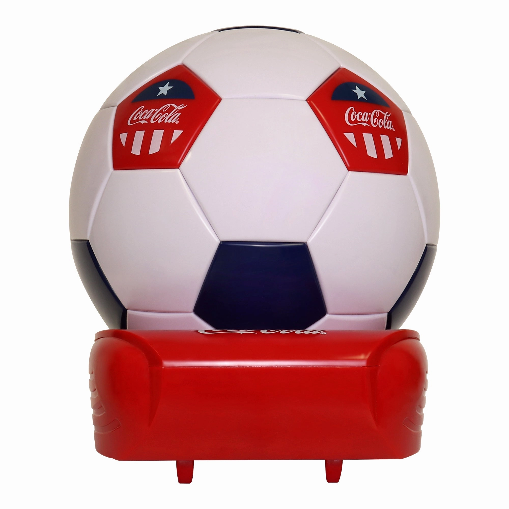 Coca-Cola Soccer Ball Mini Fridge, 5 Can Beverage Cooler with Hidden Opening, White Red Black, Unique Accessory for Den, Games Room, Man-Cave, Dorm, Perfect Gift for Dad, Sports Fans, Students