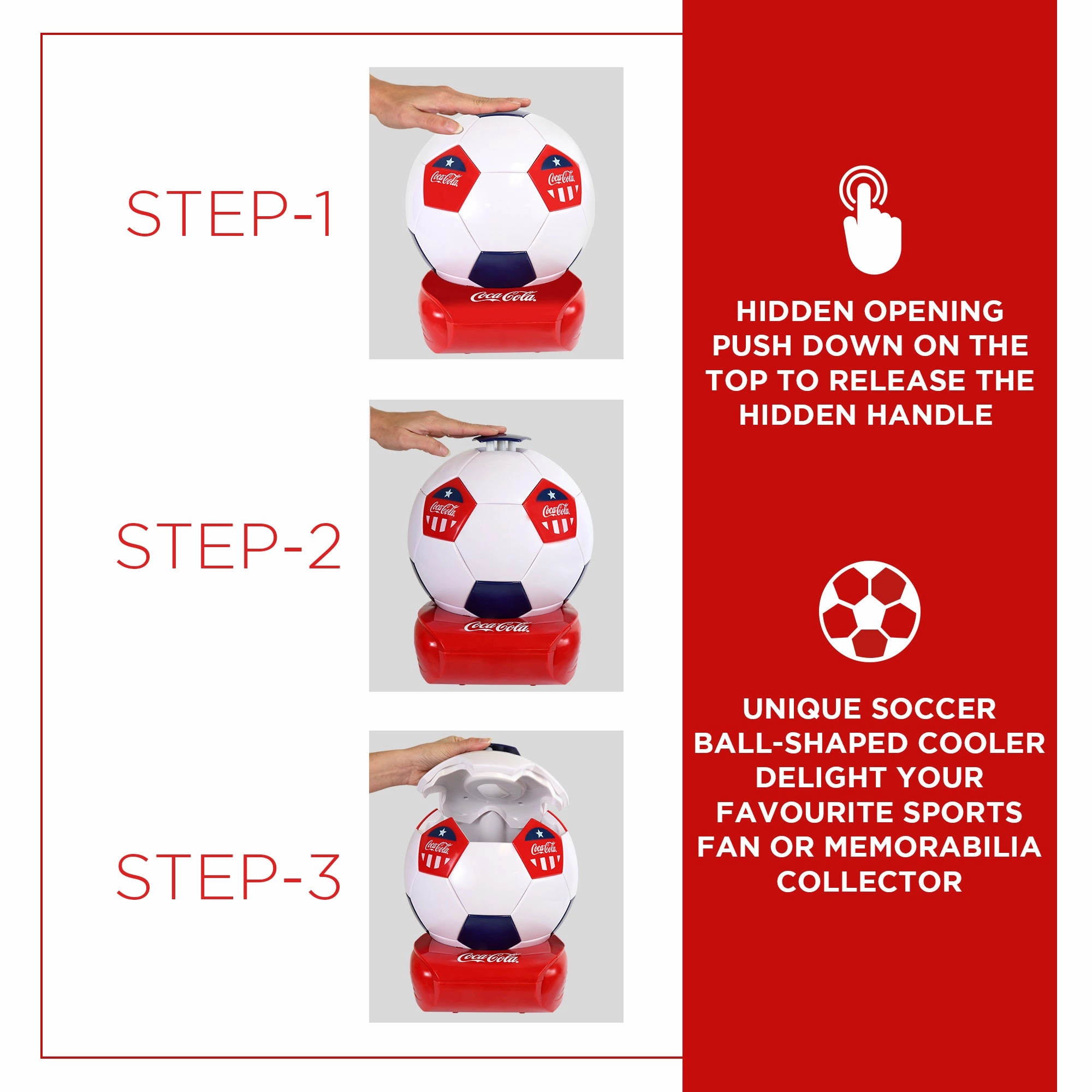 Coca-Cola Soccer Ball Mini Fridge, 5 Can Beverage Cooler with Hidden Opening, White Red Black, Unique Accessory for Den, Games Room, Man-Cave, Dorm, Perfect Gift for Dad, Sports Fans, Students