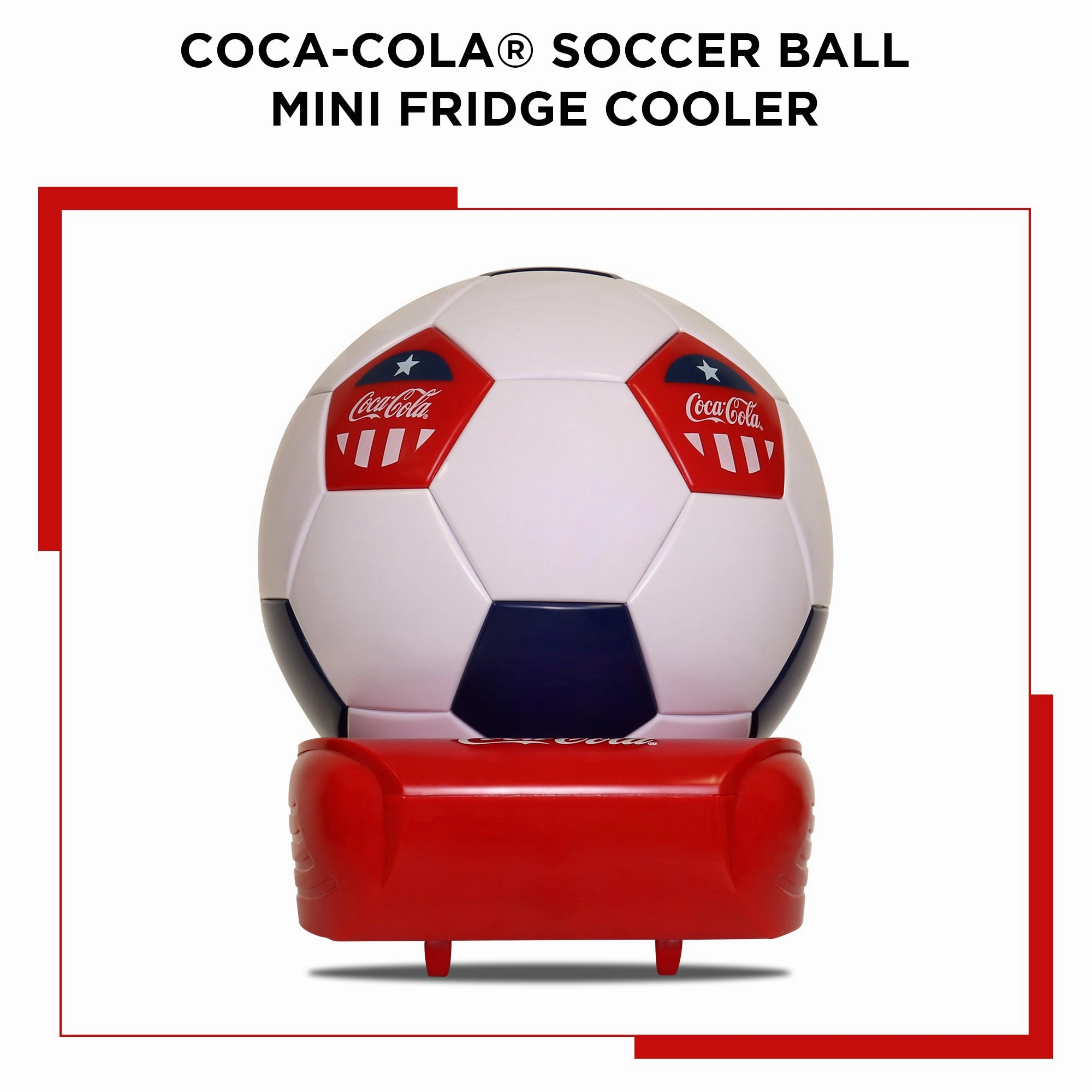 Coca-Cola Soccer Ball Mini Fridge, 5 Can Beverage Cooler with Hidden Opening, White Red Black, Unique Accessory for Den, Games Room, Man-Cave, Dorm, Perfect Gift for Dad, Sports Fans, Students