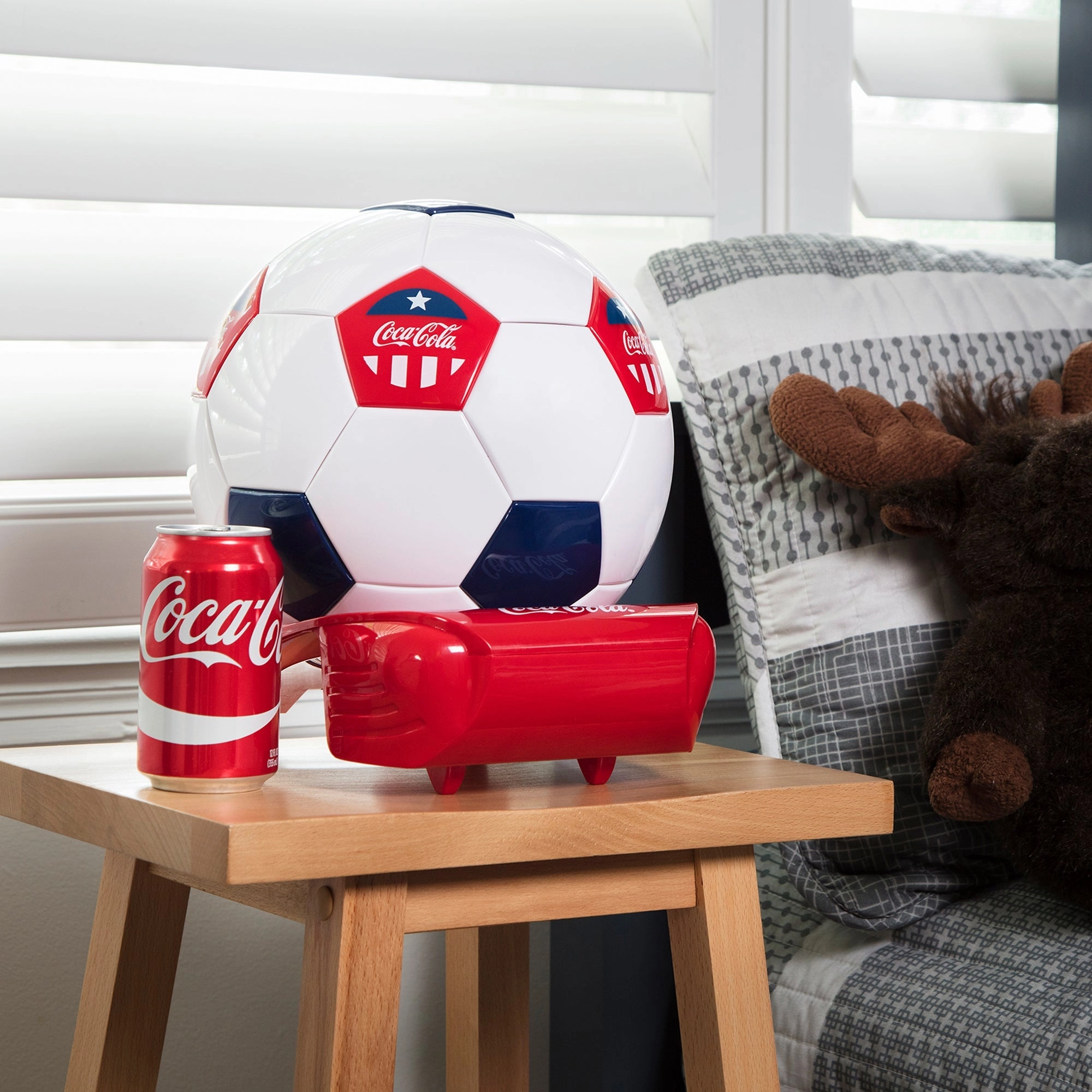 Coca-Cola Soccer Ball Mini Fridge, 5 Can Beverage Cooler with Hidden Opening, White Red Black, Unique Accessory for Den, Games Room, Man-Cave, Dorm, Perfect Gift for Dad, Sports Fans, Students