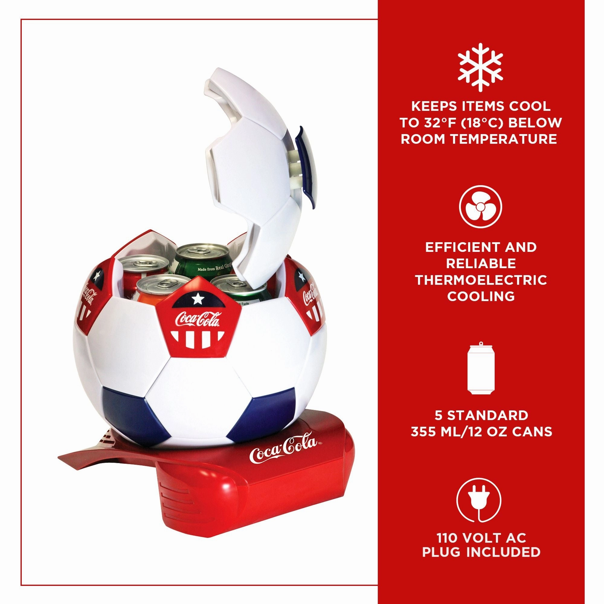 Coca-Cola Soccer Ball Mini Fridge, 5 Can Beverage Cooler with Hidden Opening, White Red Black, Unique Accessory for Den, Games Room, Man-Cave, Dorm, Perfect Gift for Dad, Sports Fans, Students