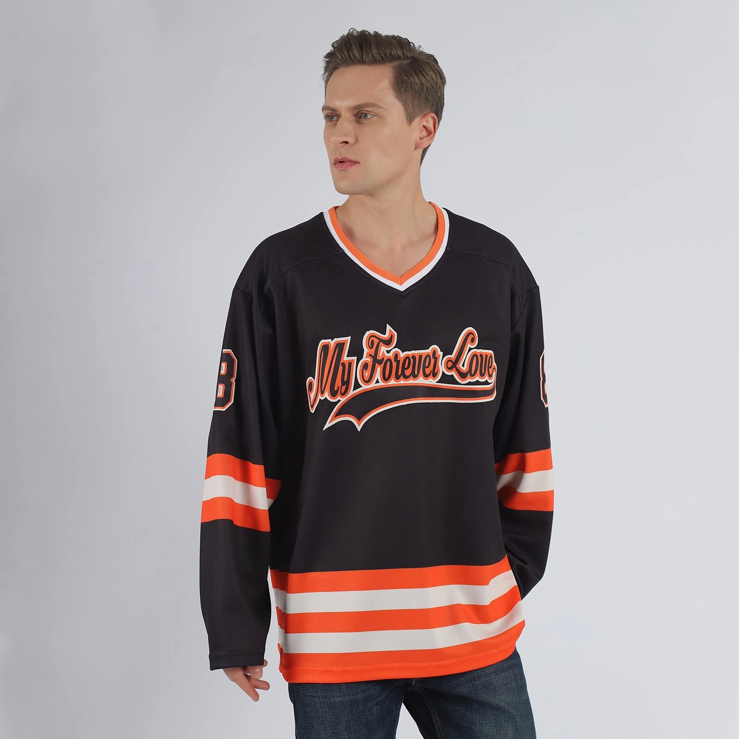 Custom Black Black-Orange Hockey Jersey