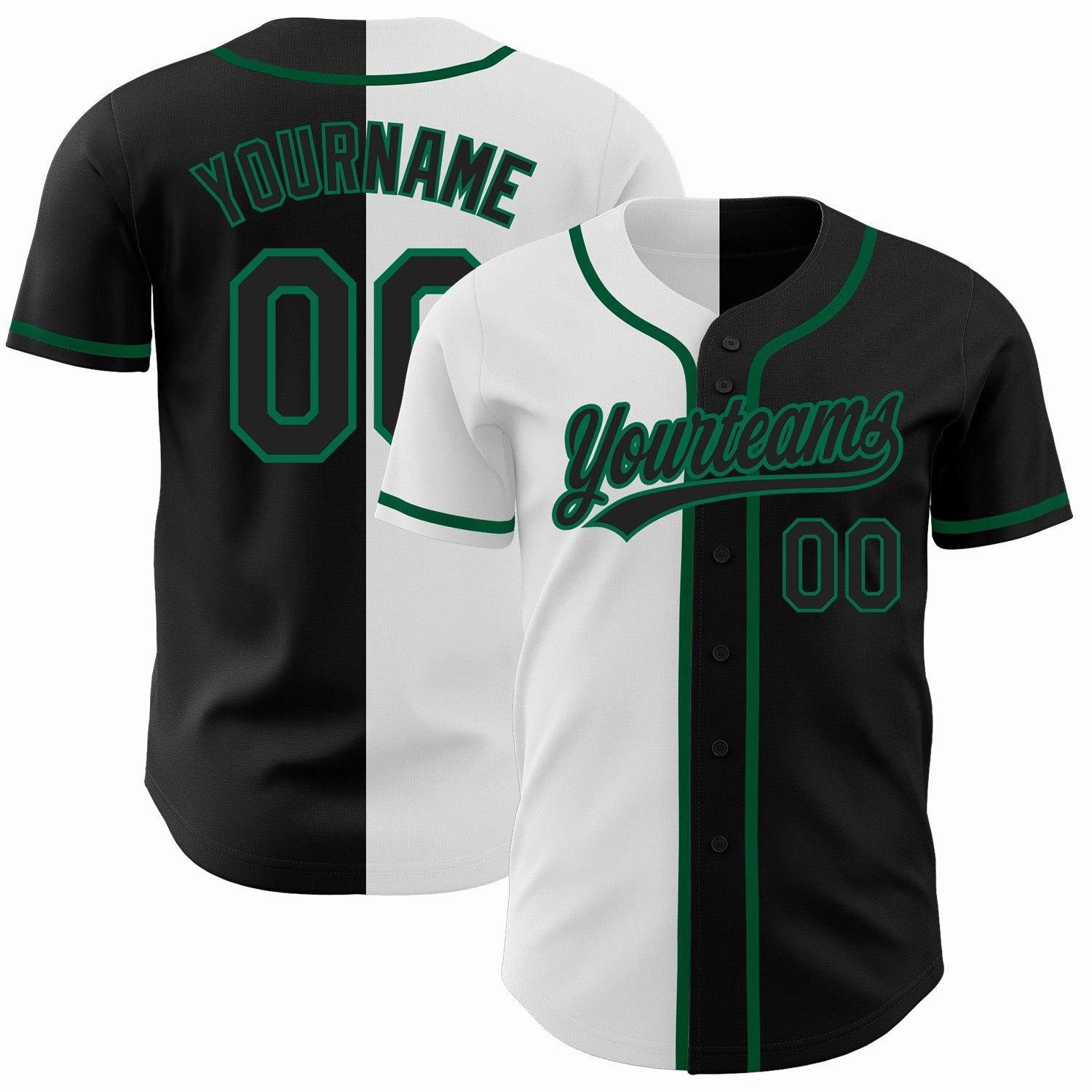 Custom Black Black White-Kelly Green Authentic Split Fashion Baseball Jersey