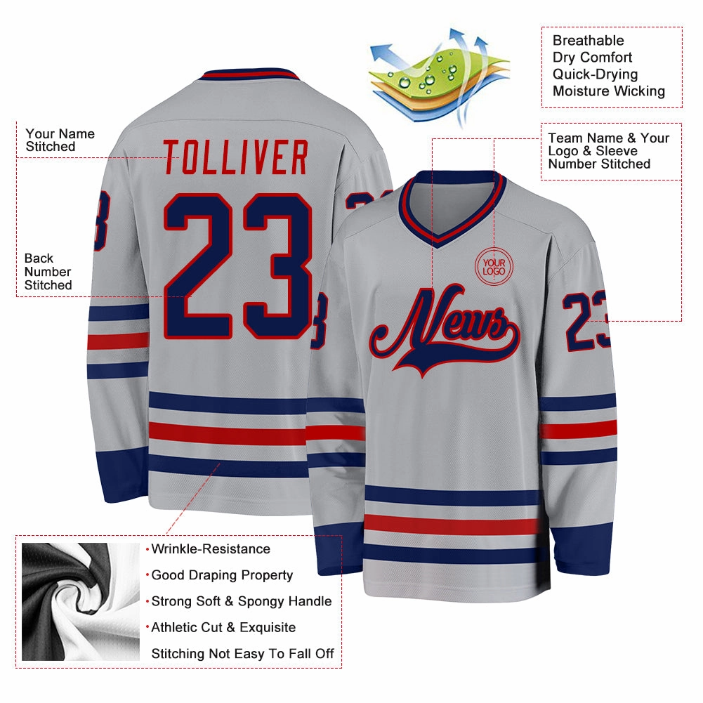 Custom Gray Navy-Red Hockey Jersey