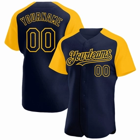 Custom Navy Gold Authentic Raglan Sleeves Baseball Jersey