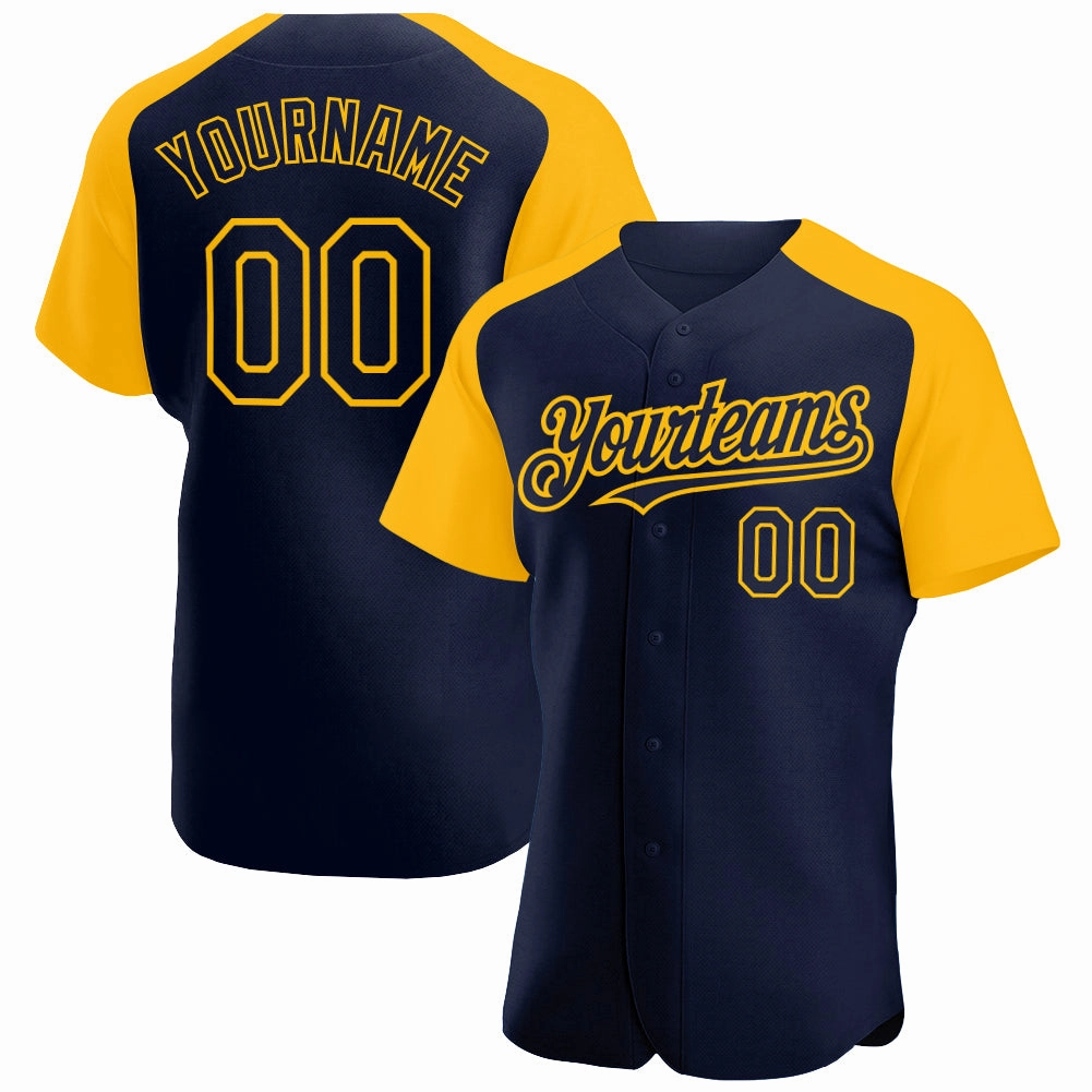 Custom Navy Gold Authentic Raglan Sleeves Baseball Jersey