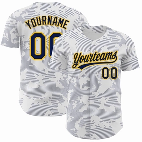 Custom White Navy-Gold 3D Pattern Design Curve Lines Authentic Baseball Jersey