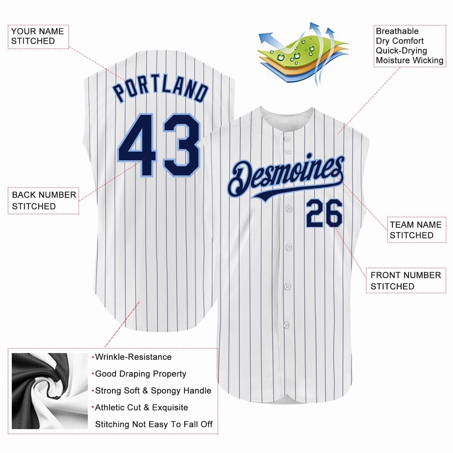 Custom White Navy Pinstripe Light Blue Authentic Sleeveless Baseball Jersey