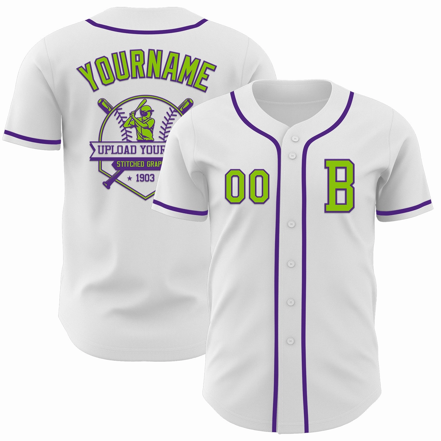 Custom White Neon Green-Purple Authentic Baseball Jersey
