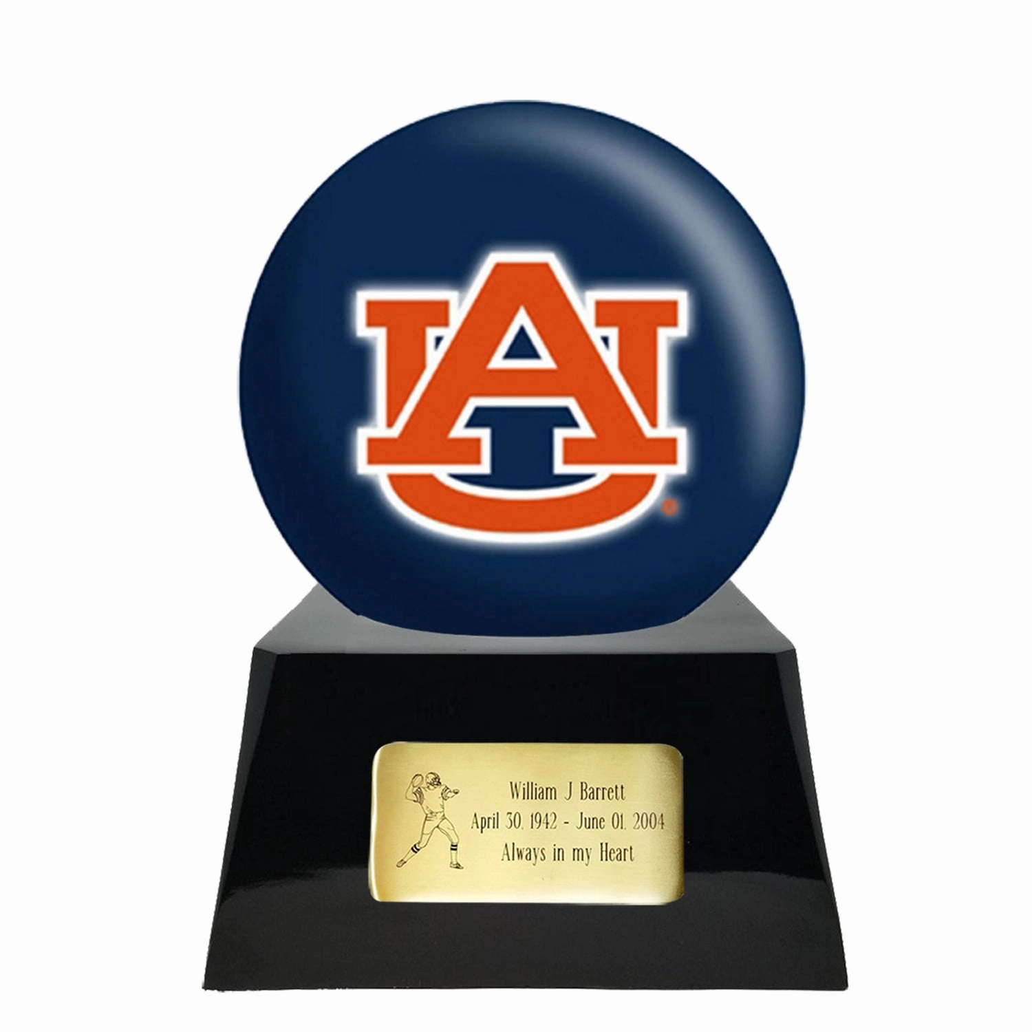 Football Cremation Urn with Optional Auburn Tigers Ball Decor and Custom Metal Plaque